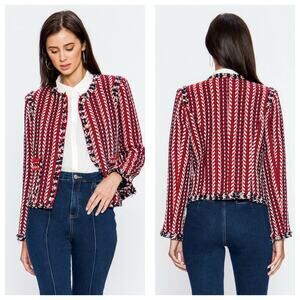 Vici Waltham Red Tweed Jacket Medium Gold Buttons Preppy Chic Pockets